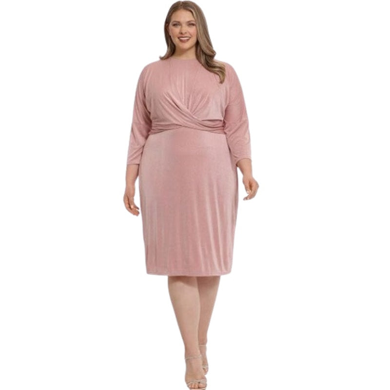 LONDON TIMES Women's Criss Cross Waist Dress 20W Pink Sparkle 3/4 Sleeve NWT