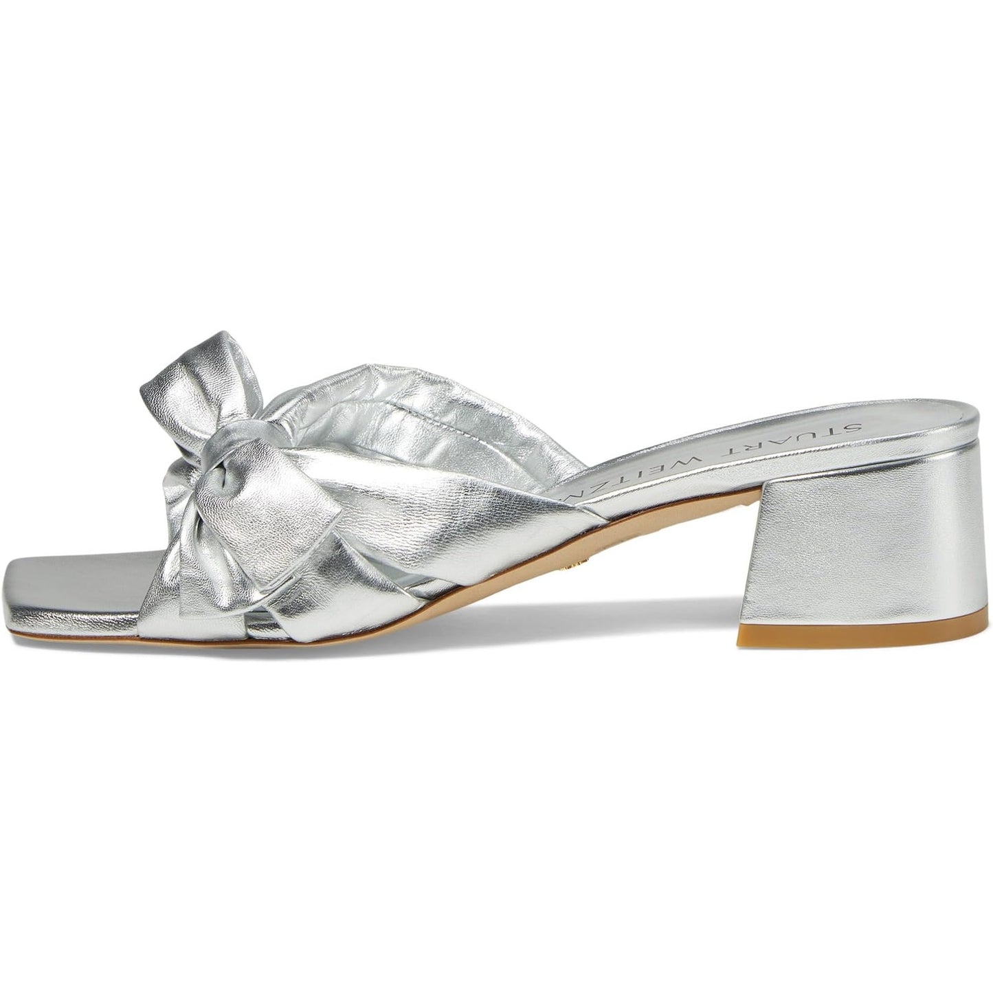 Stuart Weitzman Womens Sofia 45 Slide High Heels Size 6 Silver Leather Bow NIB