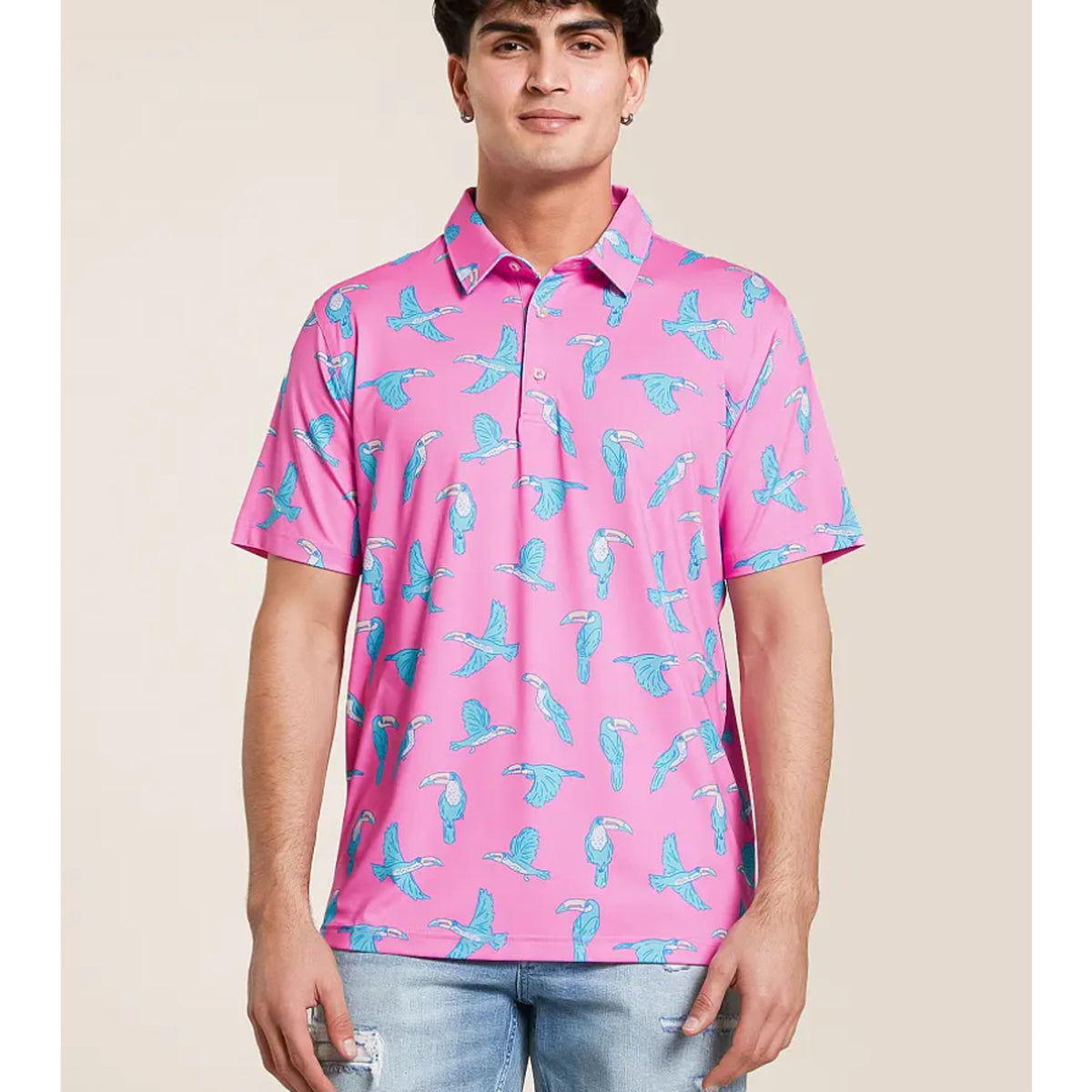 CHUBBIES Men's The Toucan Do It Performance Polo Shirt XXL Bright Pink NWT