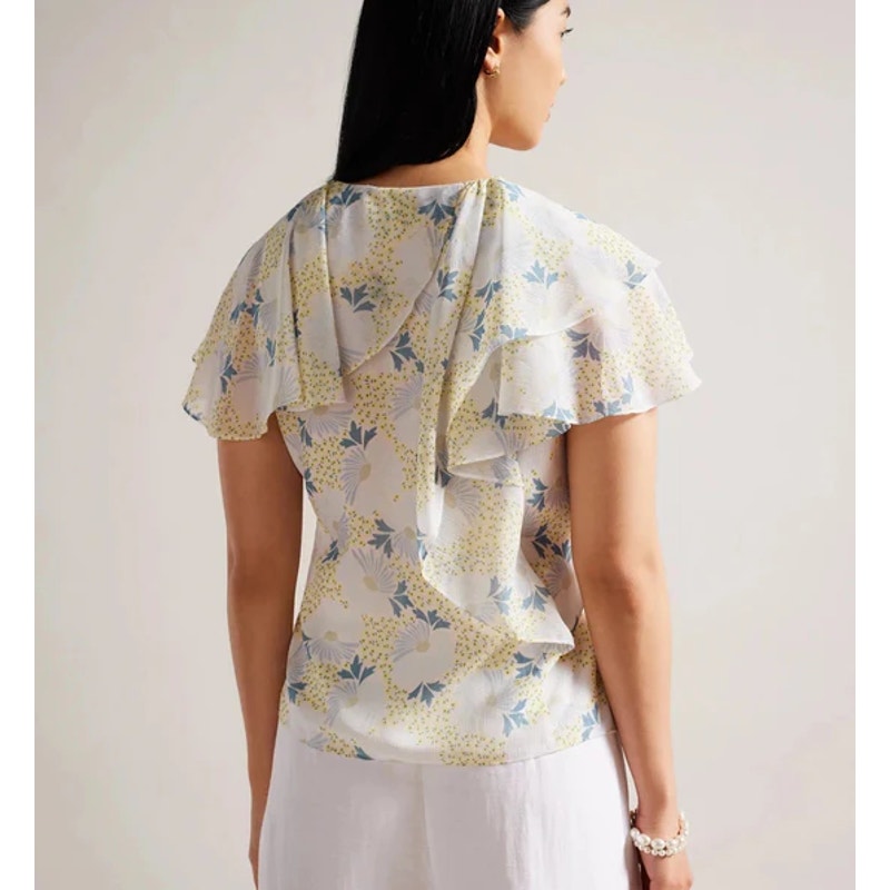 TED BAKER Women's Gemmiaa Wrap Top TED 3 US Large Sky Blue Floral Ruffle NWT