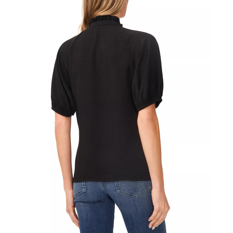 CECE Women's Ruffle Neck Blouse Top Medium Rich Black Raglan Split Seam NWT