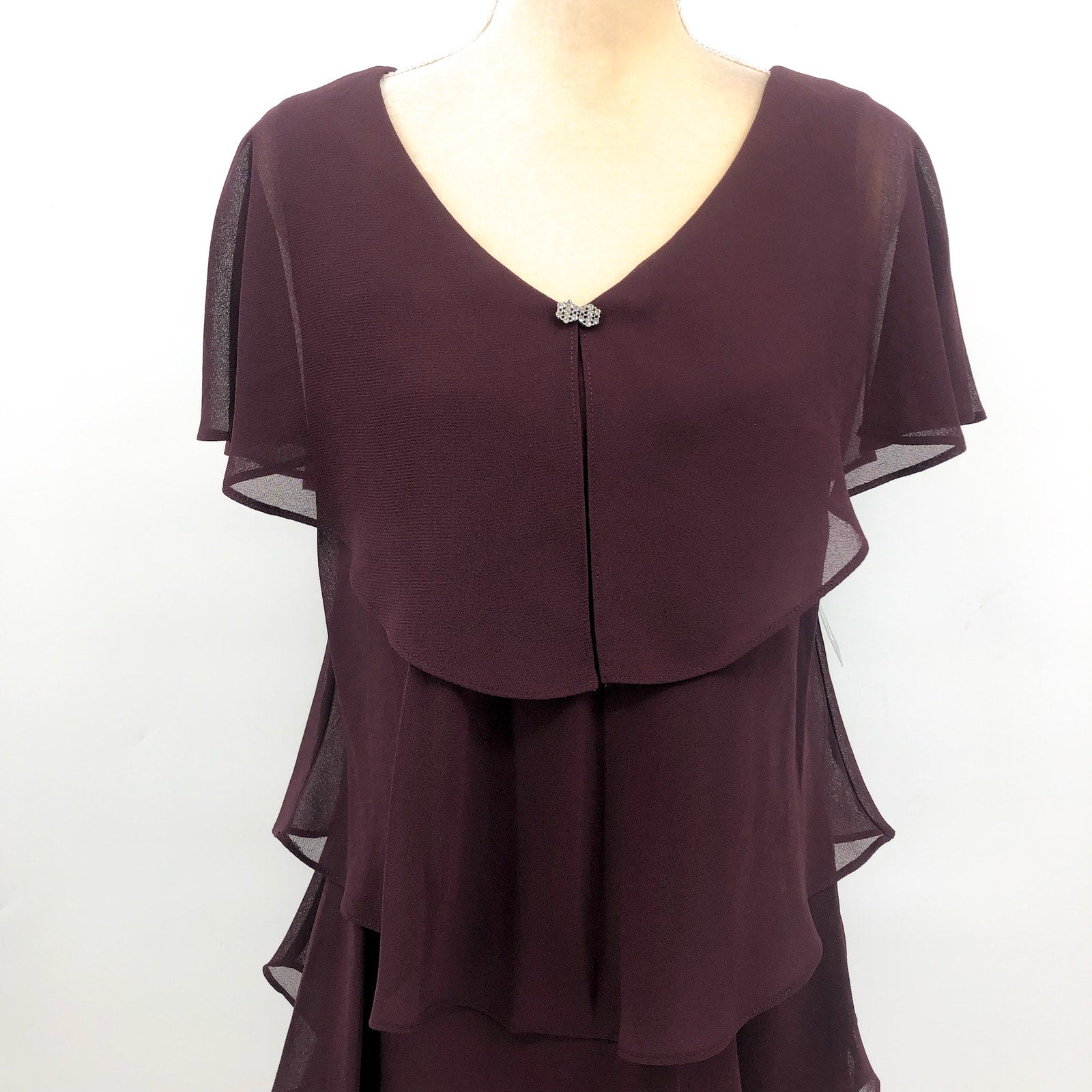SLNY Tiered V Neck Capelet Dress Size 10 Dark Purple Fig Chiffon NWT