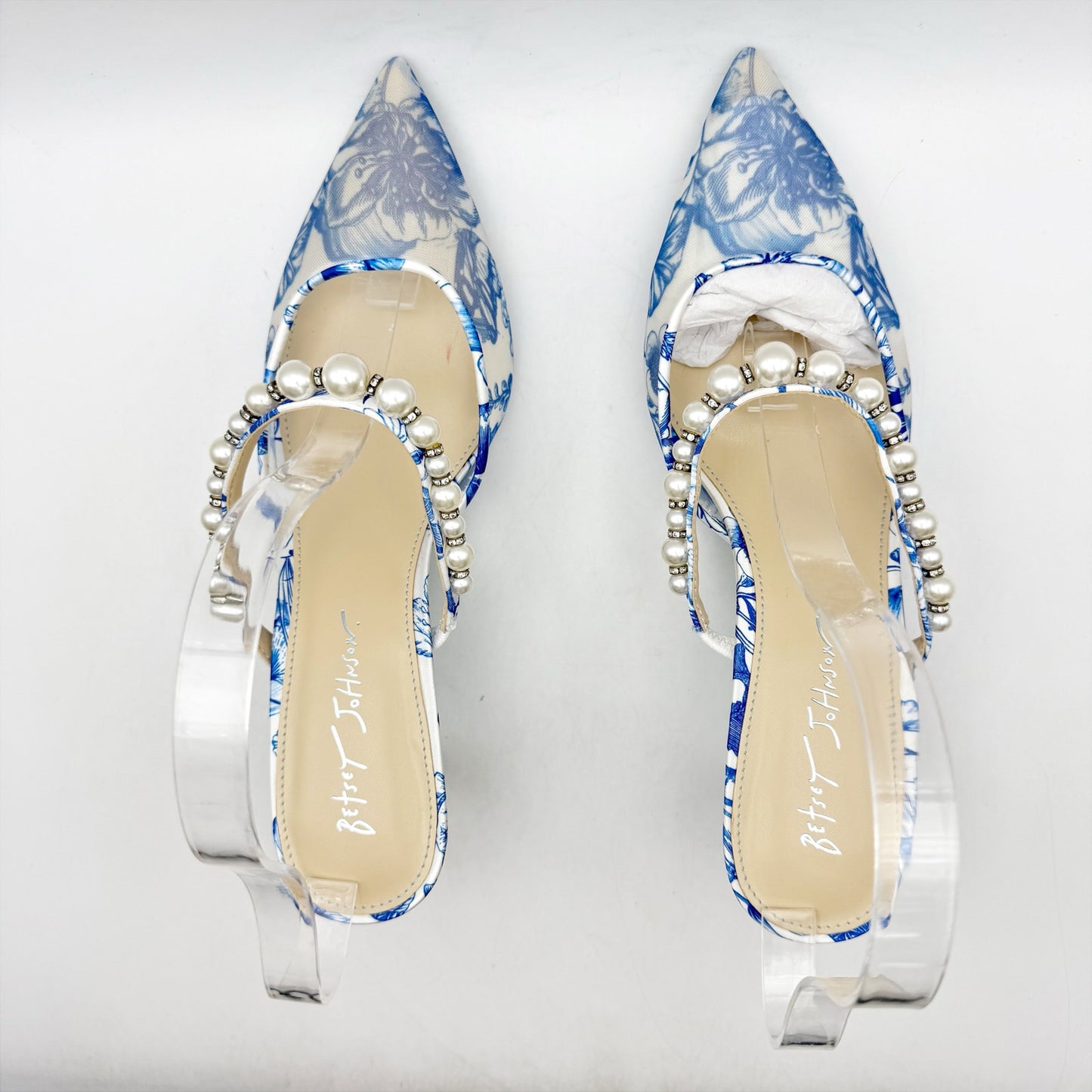 Betsey Johnson Womens Zane Mule Heels US 10 Blue Off White Mesh Fabric NIB
