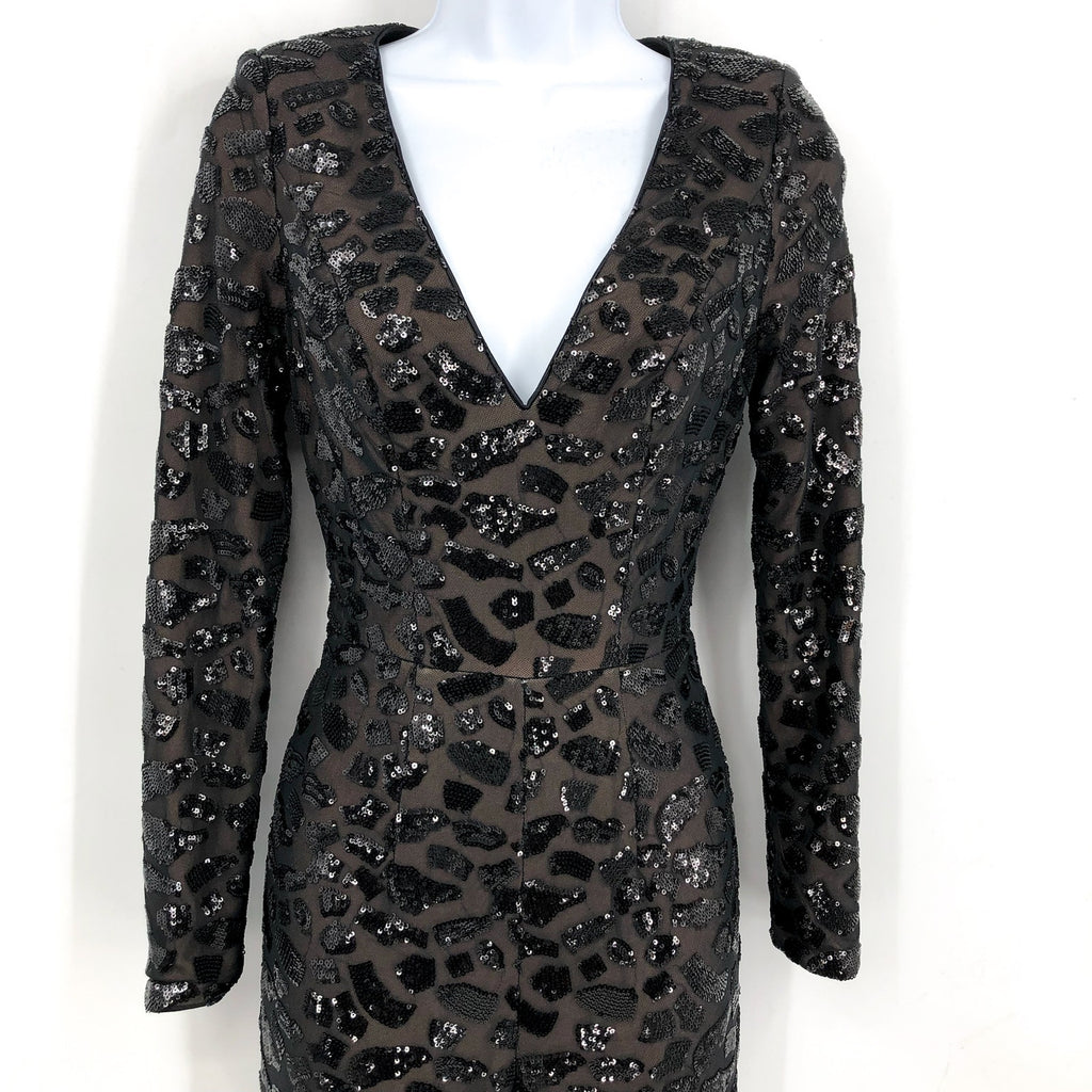 DRESS THE POPULATION Carson Sequin Leopard Jumpsuit XS Black Long Sleeve NWOT