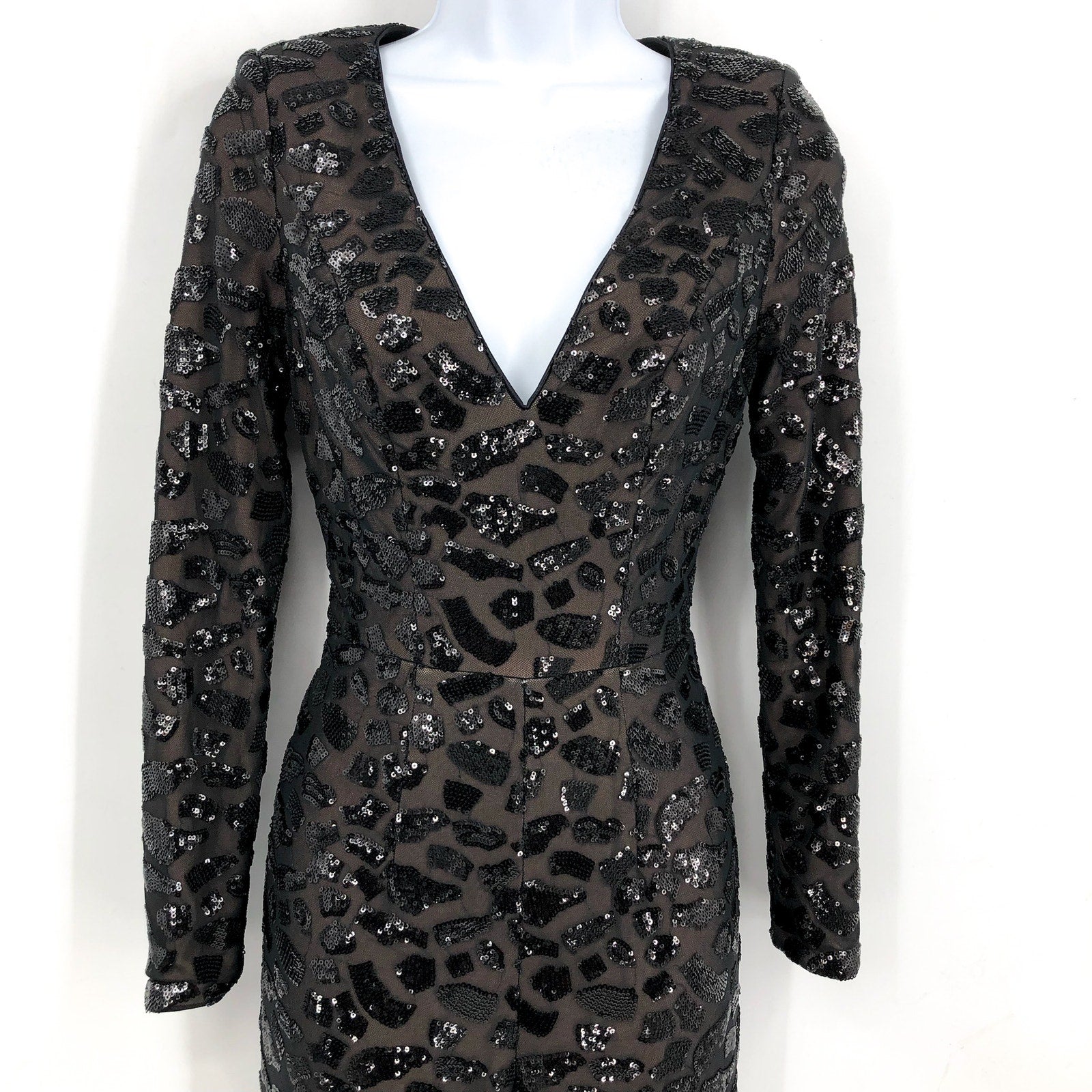 DRESS THE POPULATION Carson Sequin Leopard Jumpsuit XS Black Long Sleeve NWOT