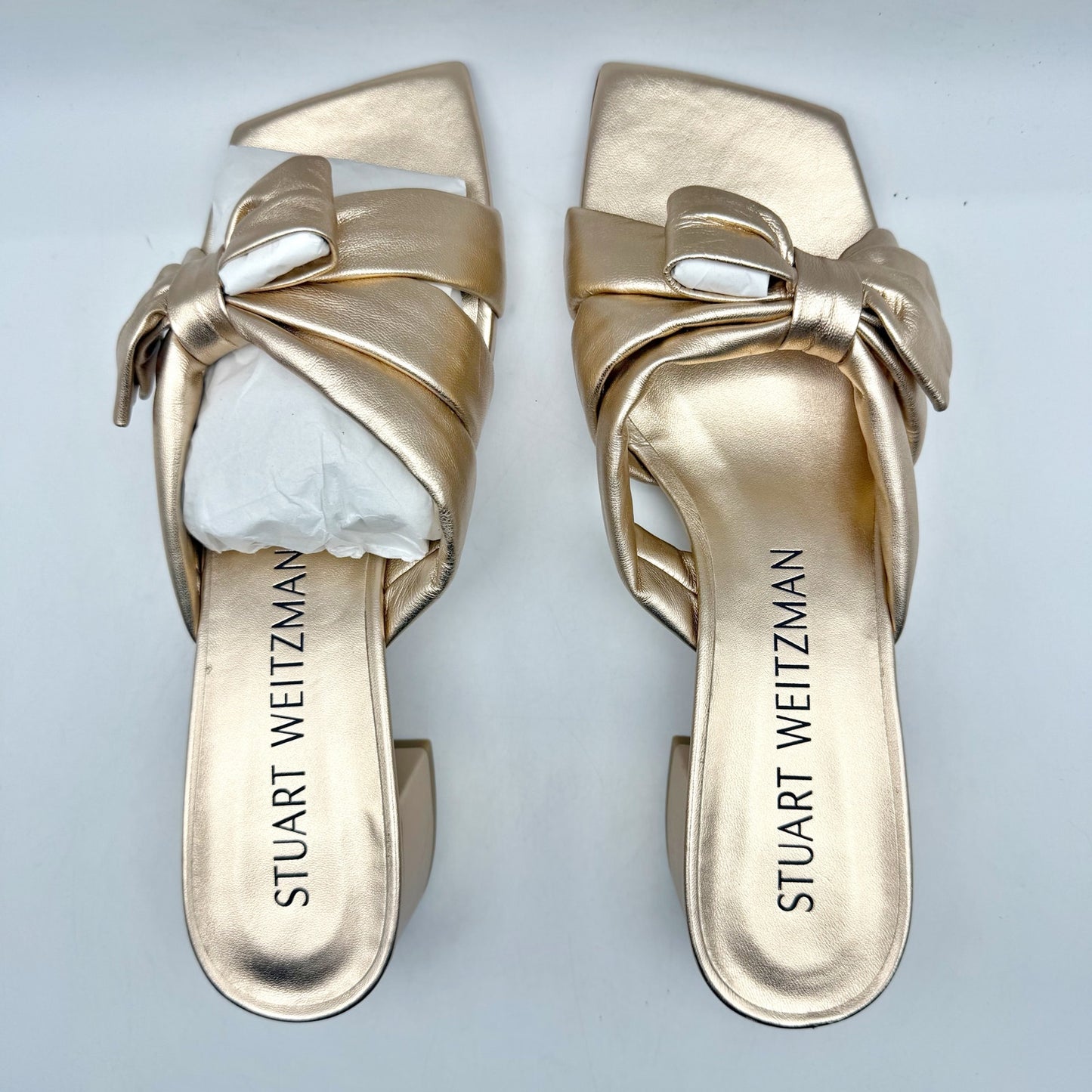 Stuart Weitzman Womens Sofia 45 Slide High Heels US 8.5 M Gold Leather Bow NIB