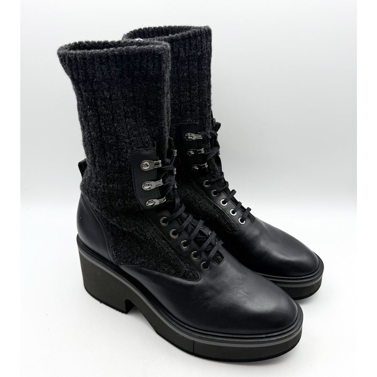 Robert Clergerie Womens Ancel Boots Size 10 EU 40 Black Calfskin Knit Combat NIB