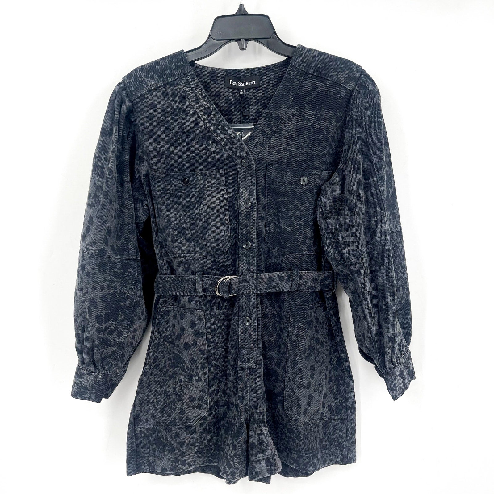 EN SAISON Womens Harlow Denim Romper Small Grey Charcoal Animal Print Belted NWT