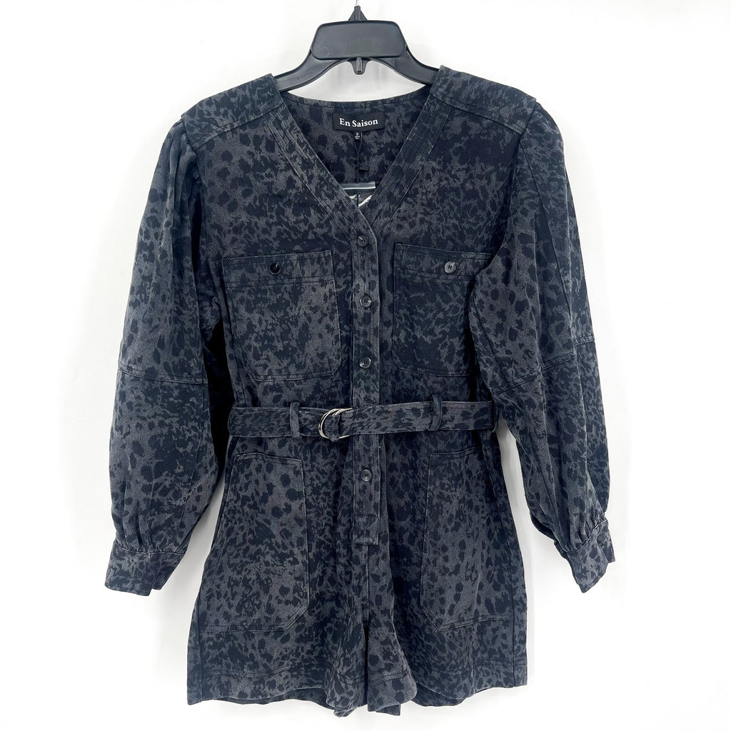 EN SAISON Womens Harlow Denim Romper Small Grey Charcoal Animal Print Belted NWT