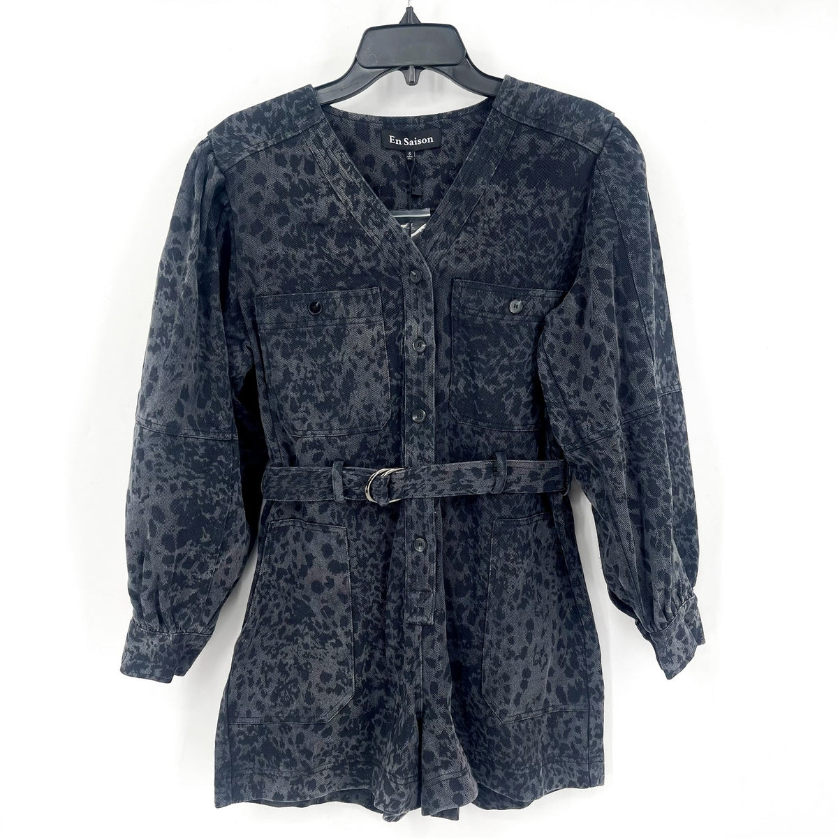 EN SAISON Womens Harlow Denim Romper Small Grey Charcoal Animal Print Belted NWT
