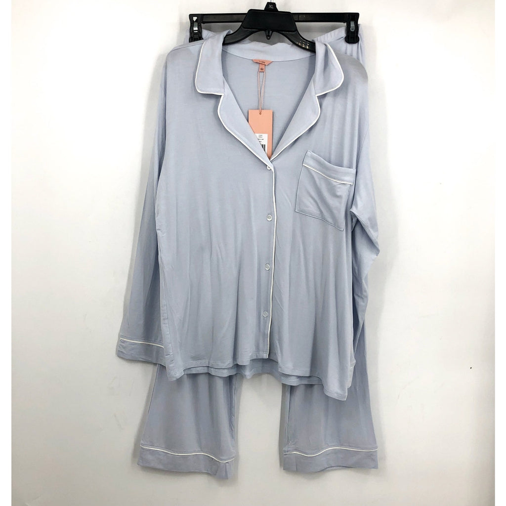 EBERJEY Women's Gisele Long Pajama Set Large Ice Blue Ivory TENCEL Modal NWT