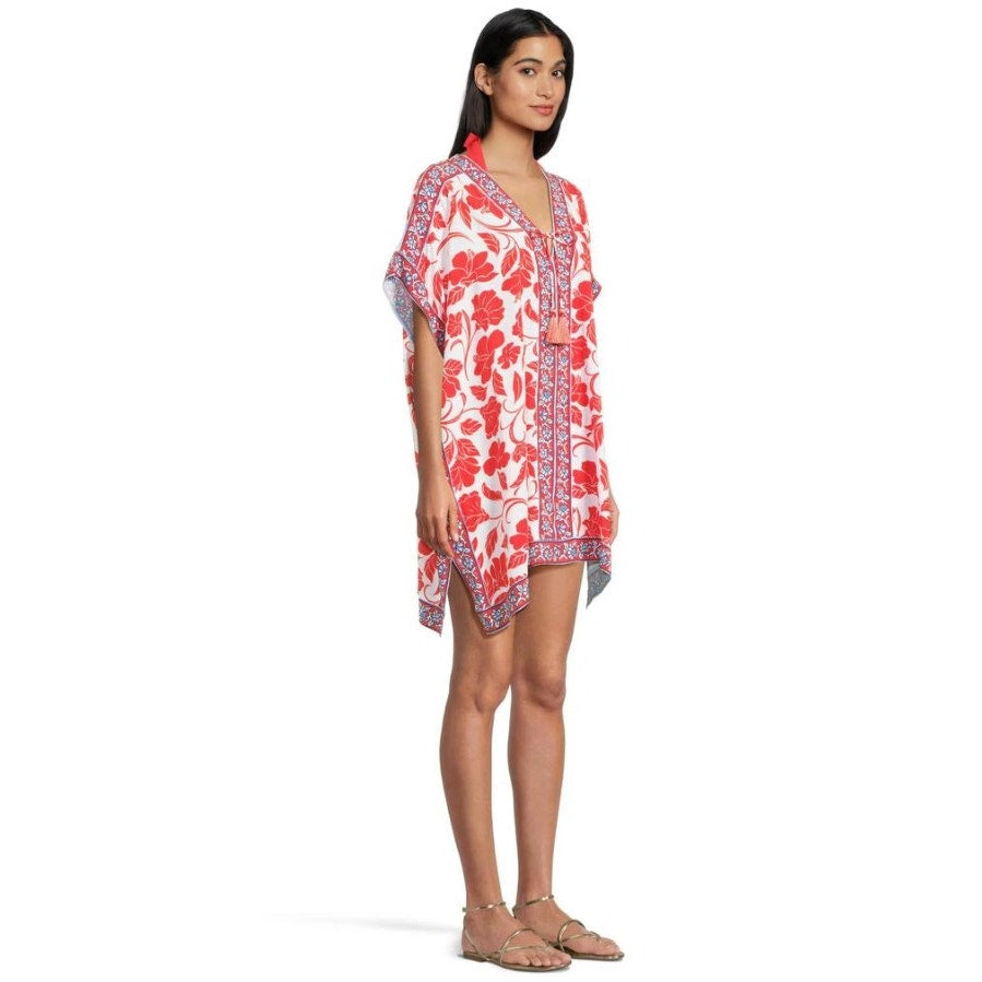 TOMMY BAHAMA Women's Fiori Border Beach Tunic Cover Up Large XL White Red NWT