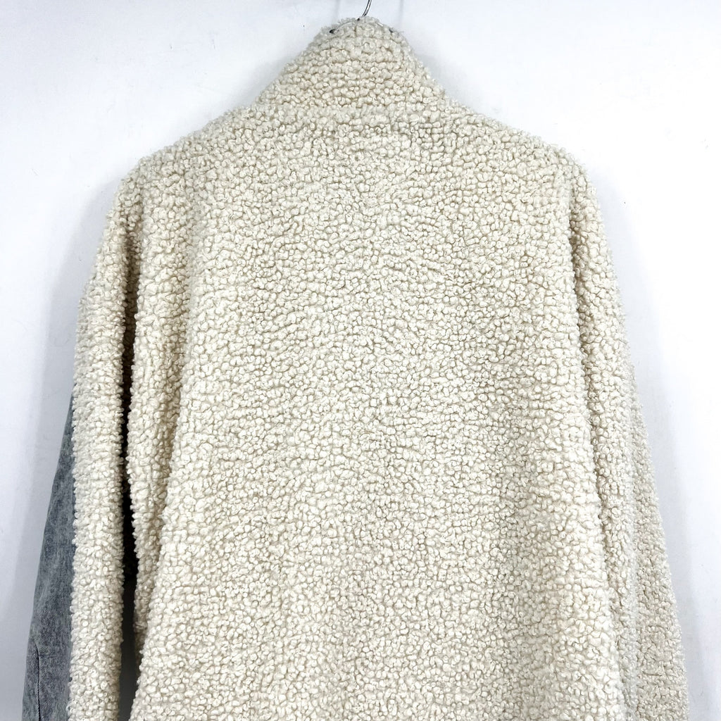 BLANKNYC Womens Denim & Faux Shearling Trucker Jacket XS Cream Blue Bear Hug NWT