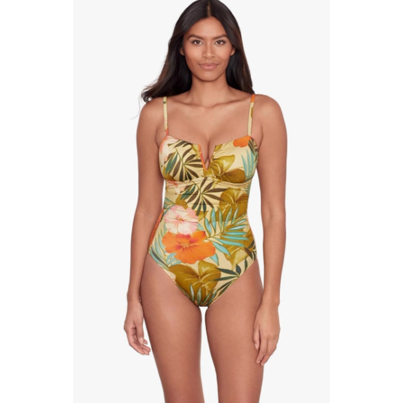 LAUREN RALPH LAUREN Island Tropical One Piece Swimsuit Size 14 Gold V-Wire NWT