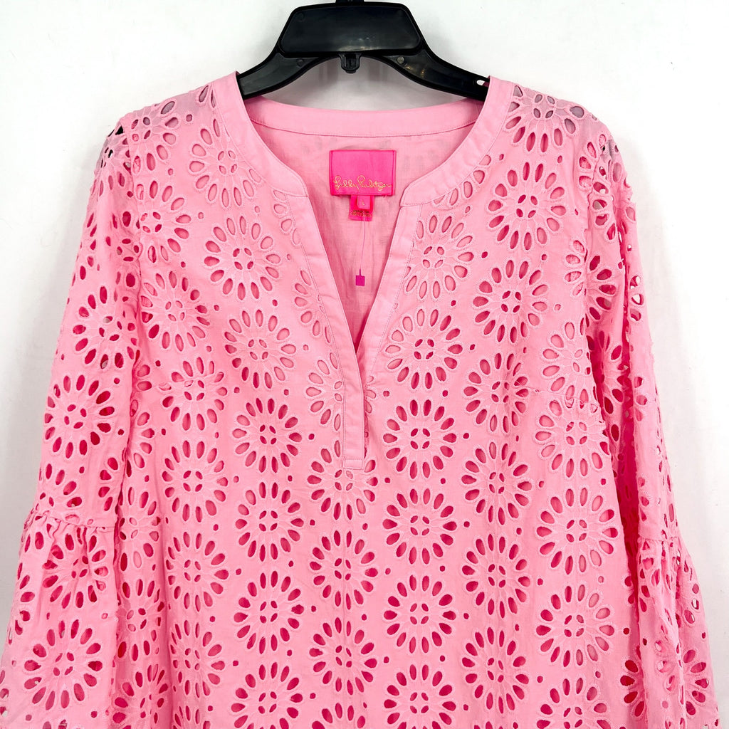 LILLY PULITZER Womens Bekah Eyelet Mini Dress Large Pink Peony Ruffle Hem NWOT