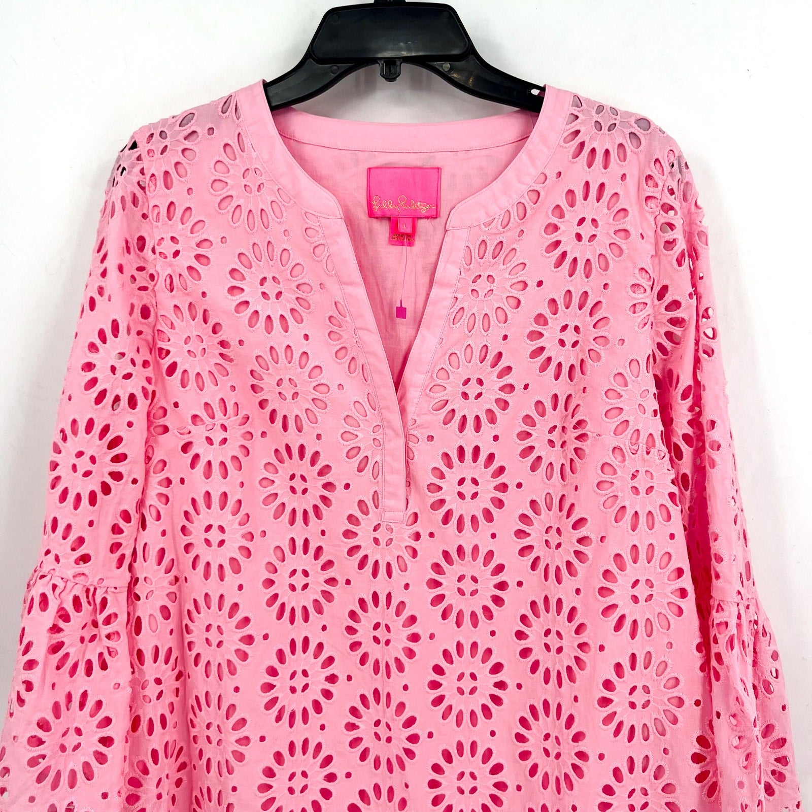 LILLY PULITZER Womens Bekah Eyelet Mini Dress Large Pink Peony Ruffle Hem NWOT