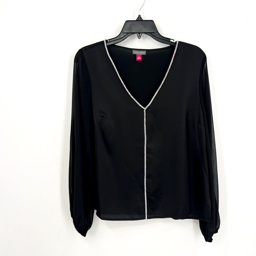 VINCE CAMUTO Womens Rhinestone-Trim Top Small Black V Neck Sheer Long Sleeve NWT