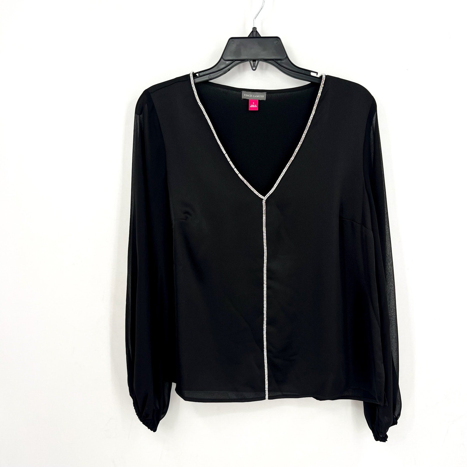 VINCE CAMUTO Womens Rhinestone-Trim Top Small Black V Neck Sheer Long Sleeve NWT