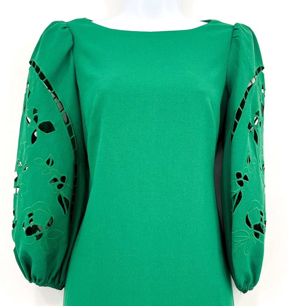 VINCE CAMUTO Women's Crepe Shift Dress Size 2 Green Eyelet Sleeve Cut Out NWOT