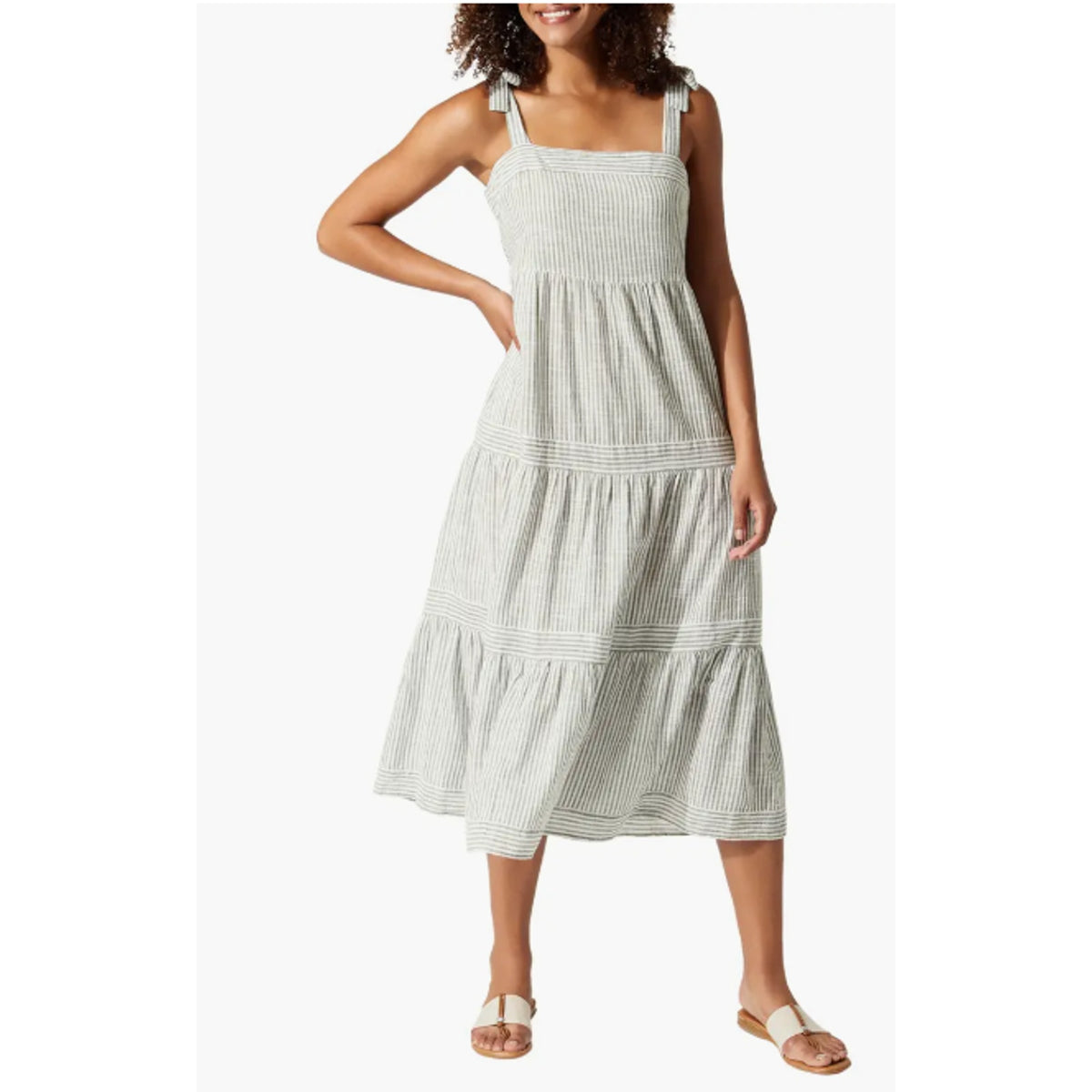 TOMMY BAHAMA Shoreline Stripe Midi Dress Large Green Gray White Cover-Up NWT