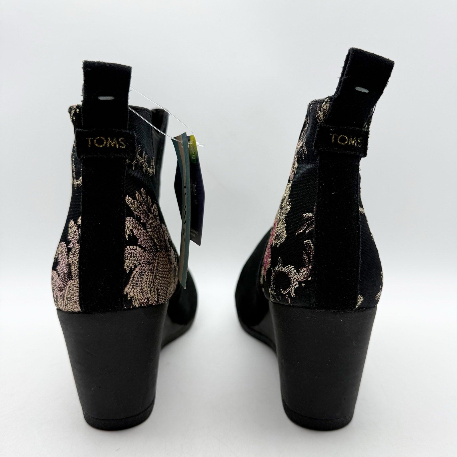 TOMS Womens Kelsey Graphic Wedge Booties US 10 Black Floral Suede Ankle NWOB