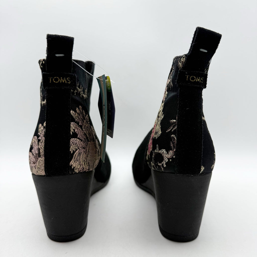 TOMS Womens Kelsey Graphic Wedge Booties US 10 Black Floral Suede Ankle NWOB