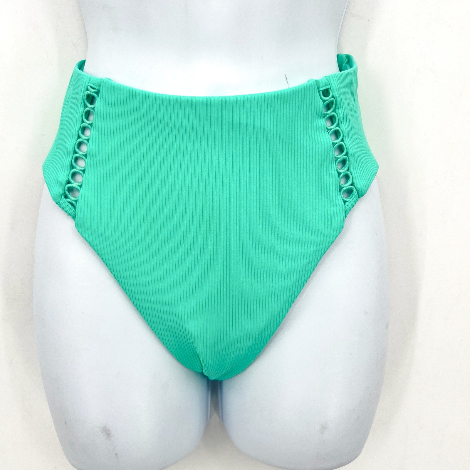 BECCA High Waist Bikini Bottoms Medium Green Aqua Sea Modern Edge Cut Out NWT