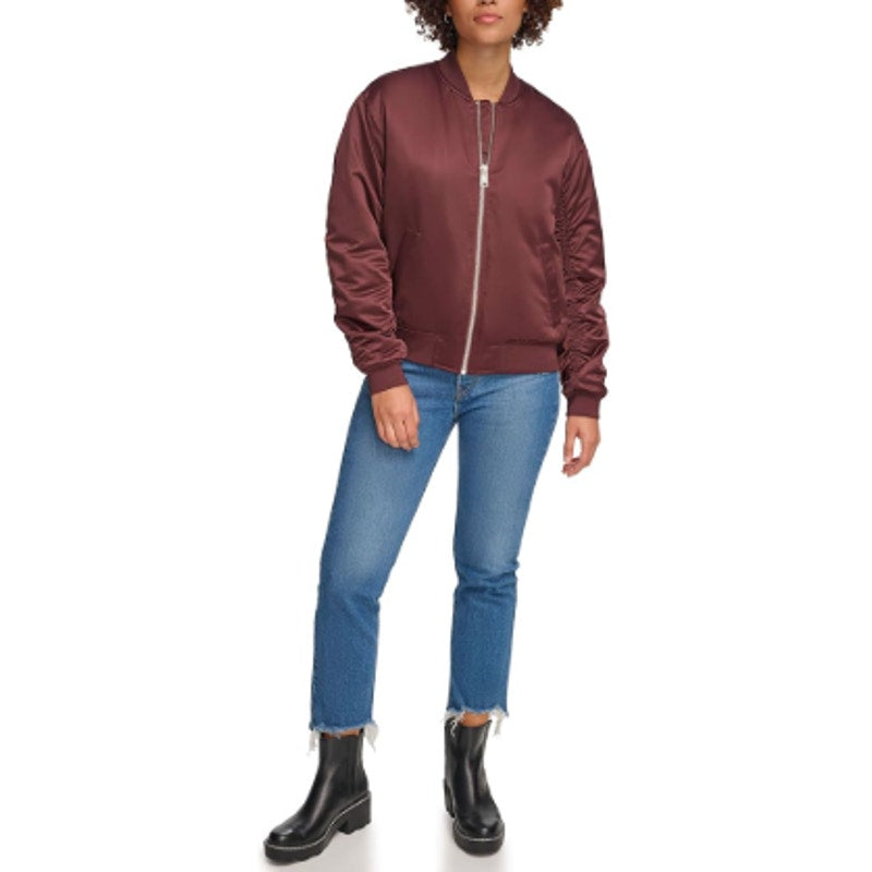 LABEL Unisex Go-To Bomber Jacket Size Small Burgundy Full Zip Ribbed Collar NWT