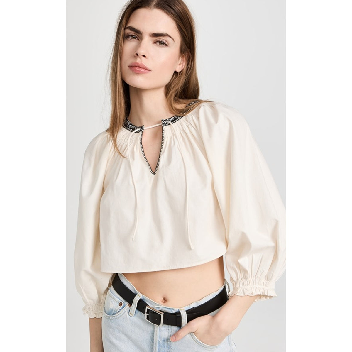 RE/DONE Victorian Cut Off Blouse Medium Vintage Ivory Balloon Sleeve Ruffle NWT
