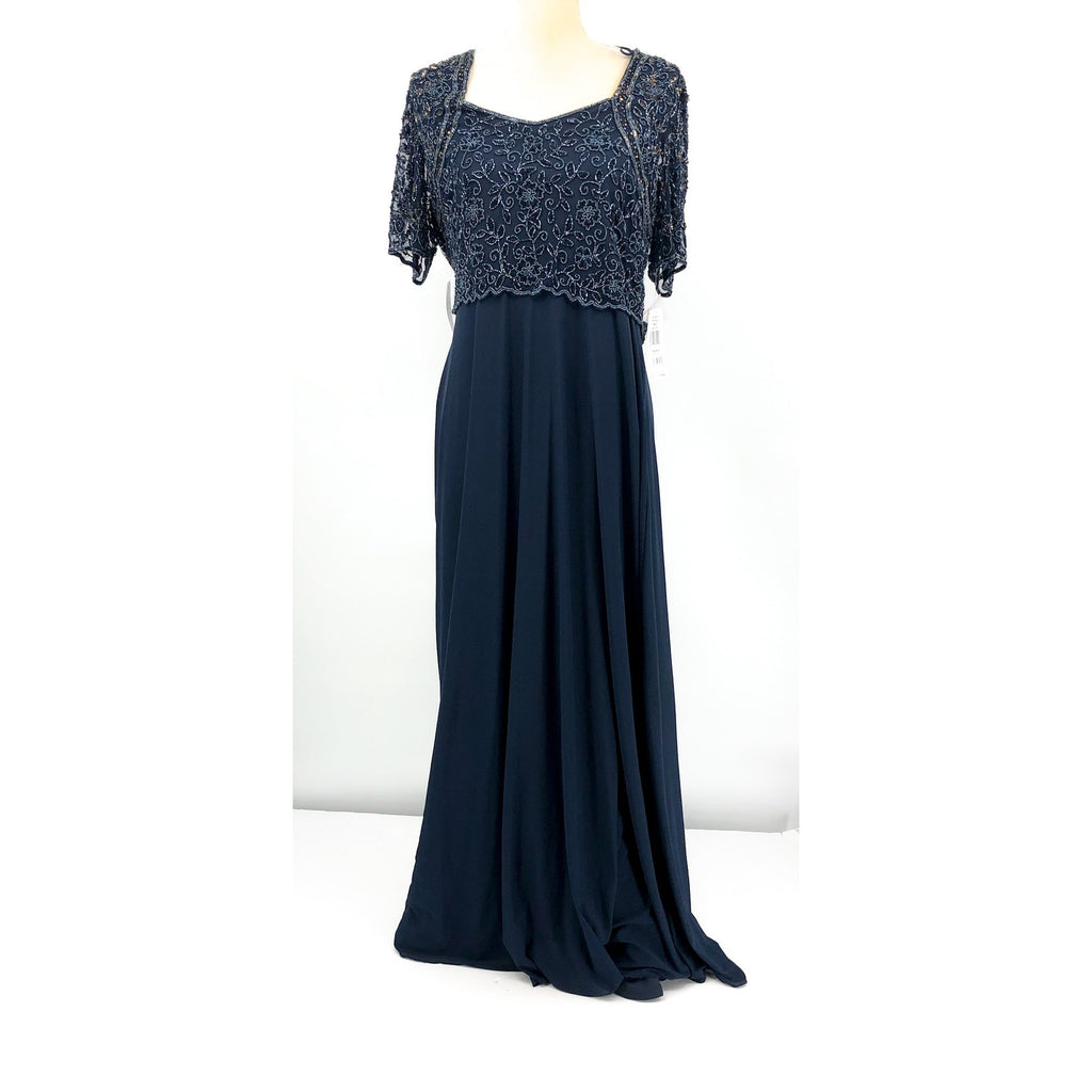 PISARRO NIGHTS Beaded Bodice A-Line Gown Size 12 Navy Blue Short Sleeve NWT
