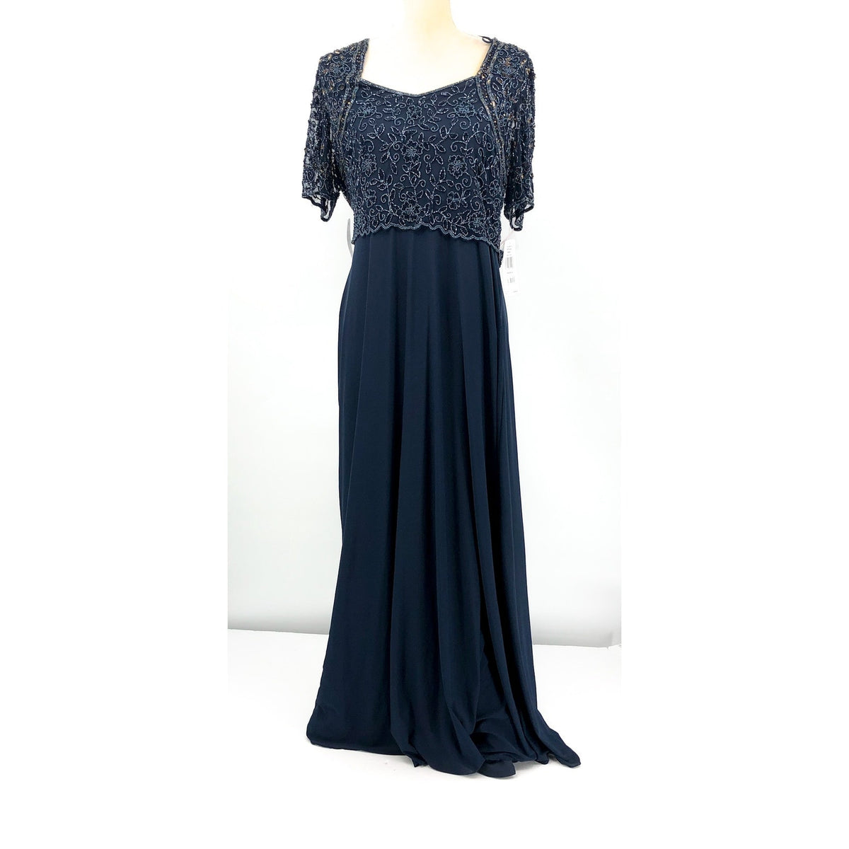 PISARRO NIGHTS Beaded Bodice A-Line Gown Size 12 Navy Blue Short Sleeve NWT