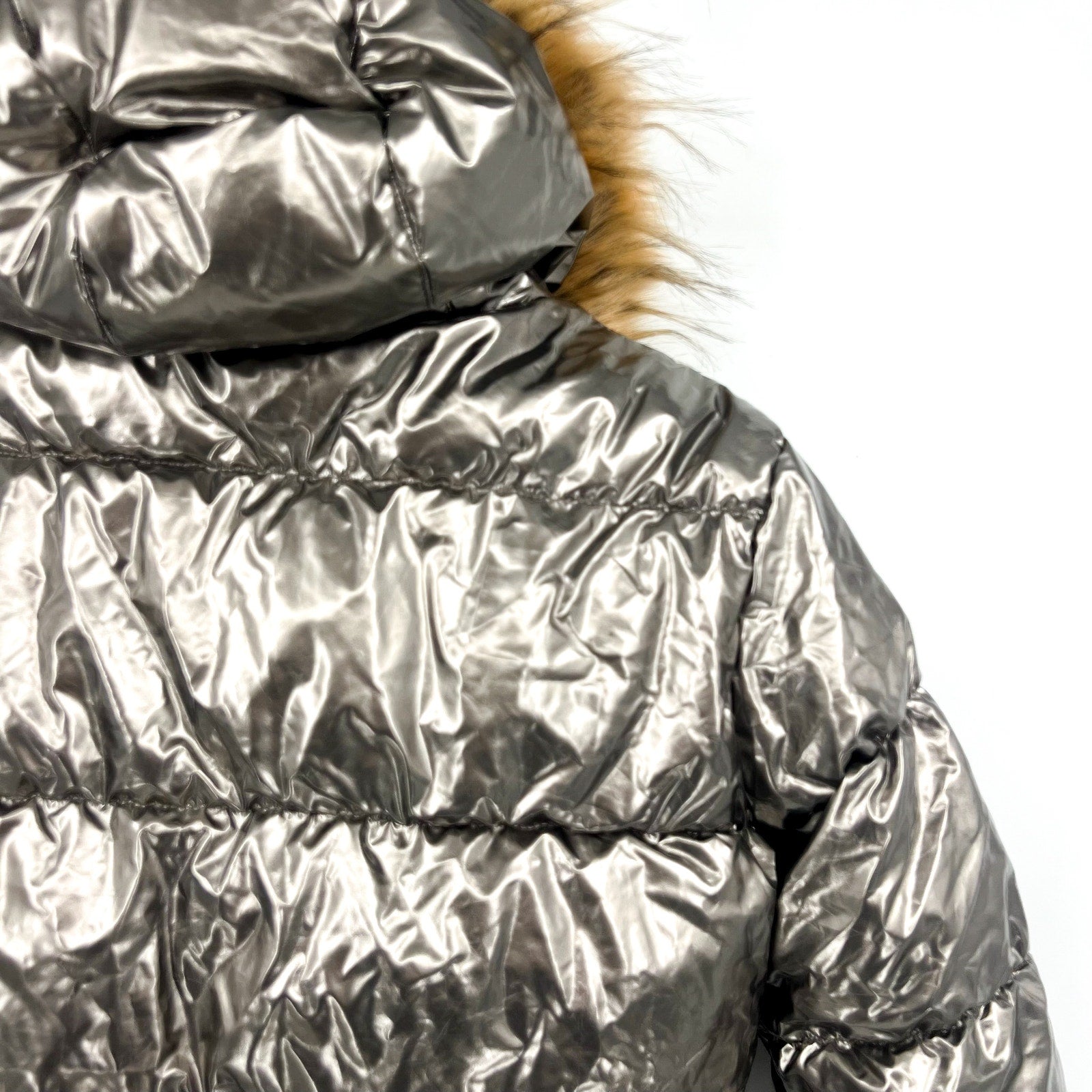 APPAMAN Girls Kyla Puffer Coat Size 14 Silver Lustrous Metallic Faux Fur NWT