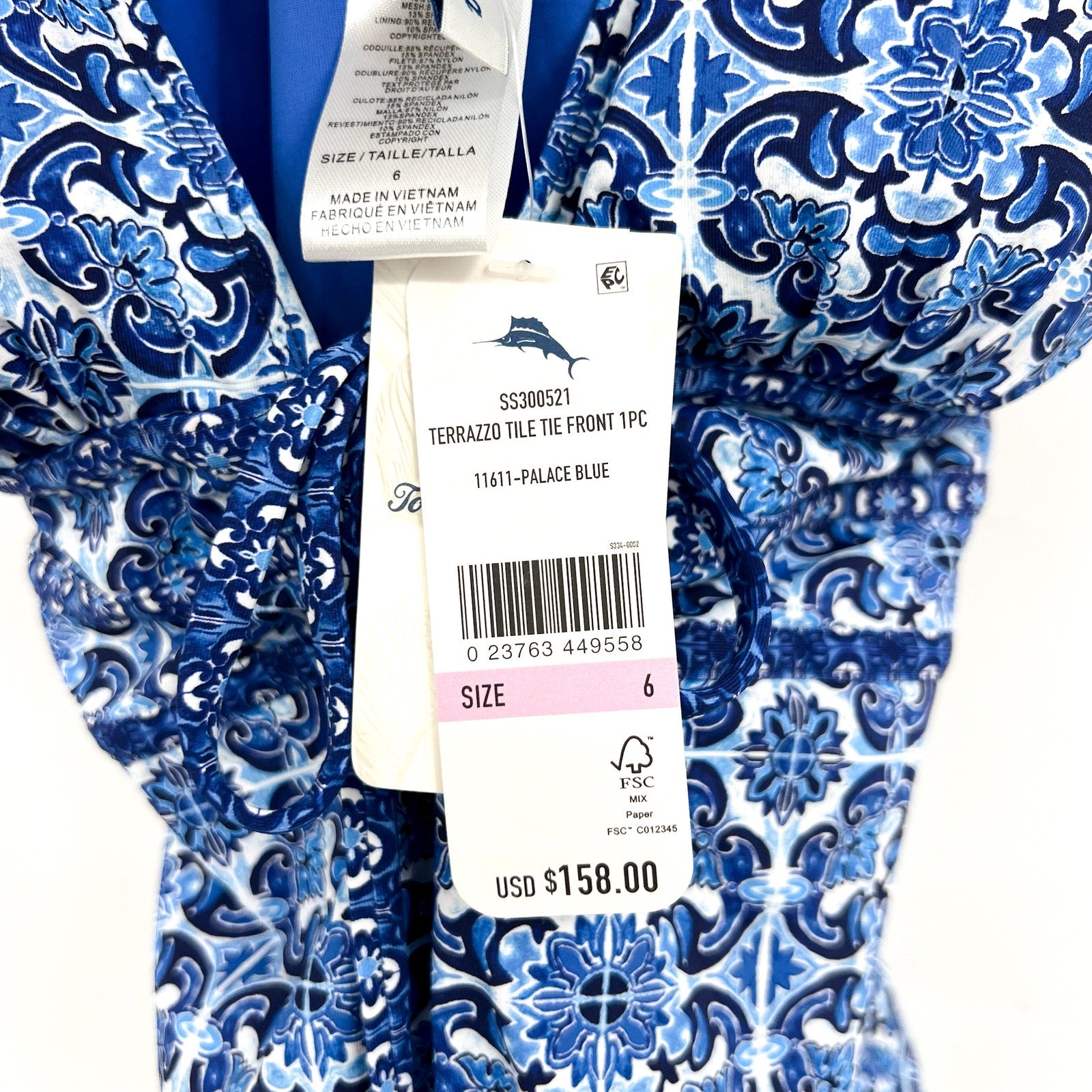 TOMMY BAHAMA Terrazzo Tile One-Piece Swimsuit Size 6 Palace Blue Tie-Front NWT