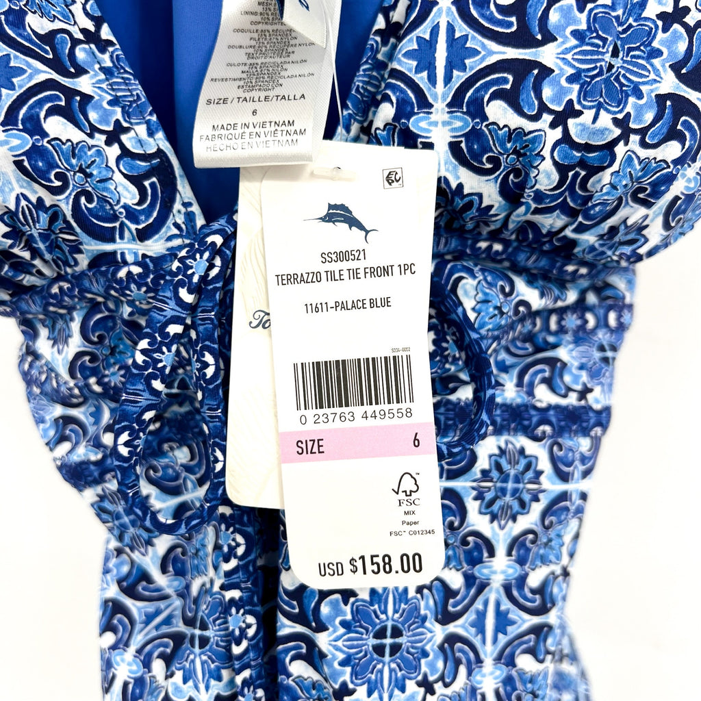 TOMMY BAHAMA Terrazzo Tile One-Piece Swimsuit Size 6 Palace Blue Tie-Front NWT
