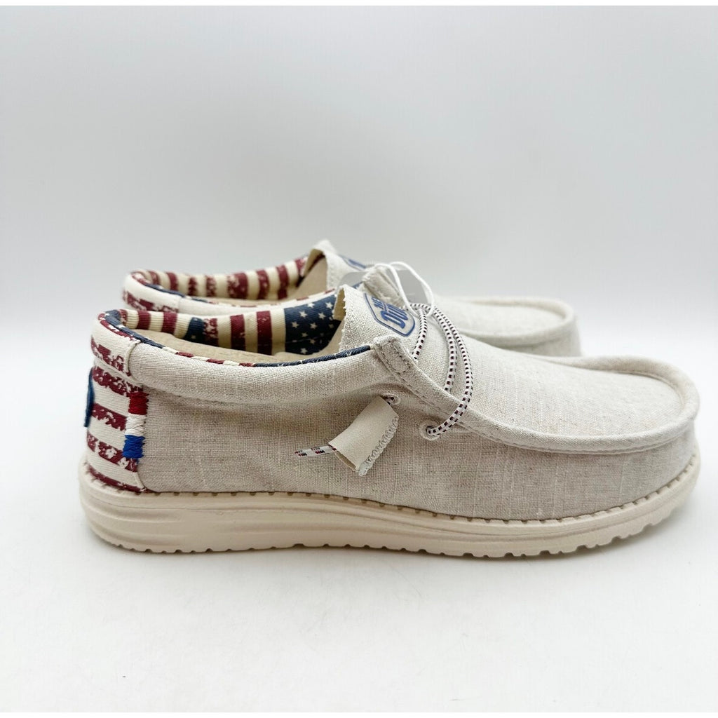 HEY DUDE Mens Wally Patriotic Shoe Size 6 EU 39 Off White Multi Slip On NIB