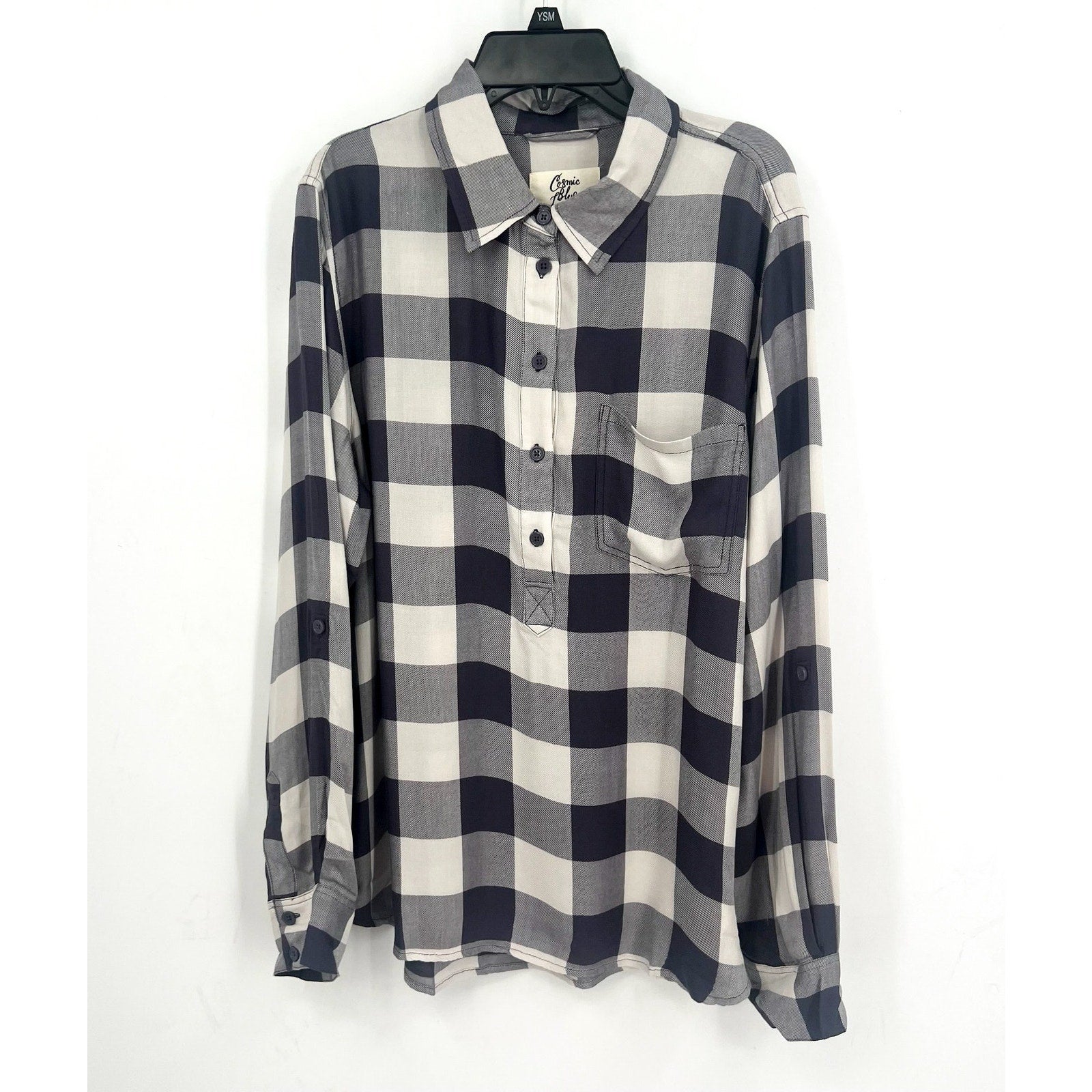 STITCH FIX COSMIC BLUE LOVE Popover Top Shirt Medium Grey White Check NWT
