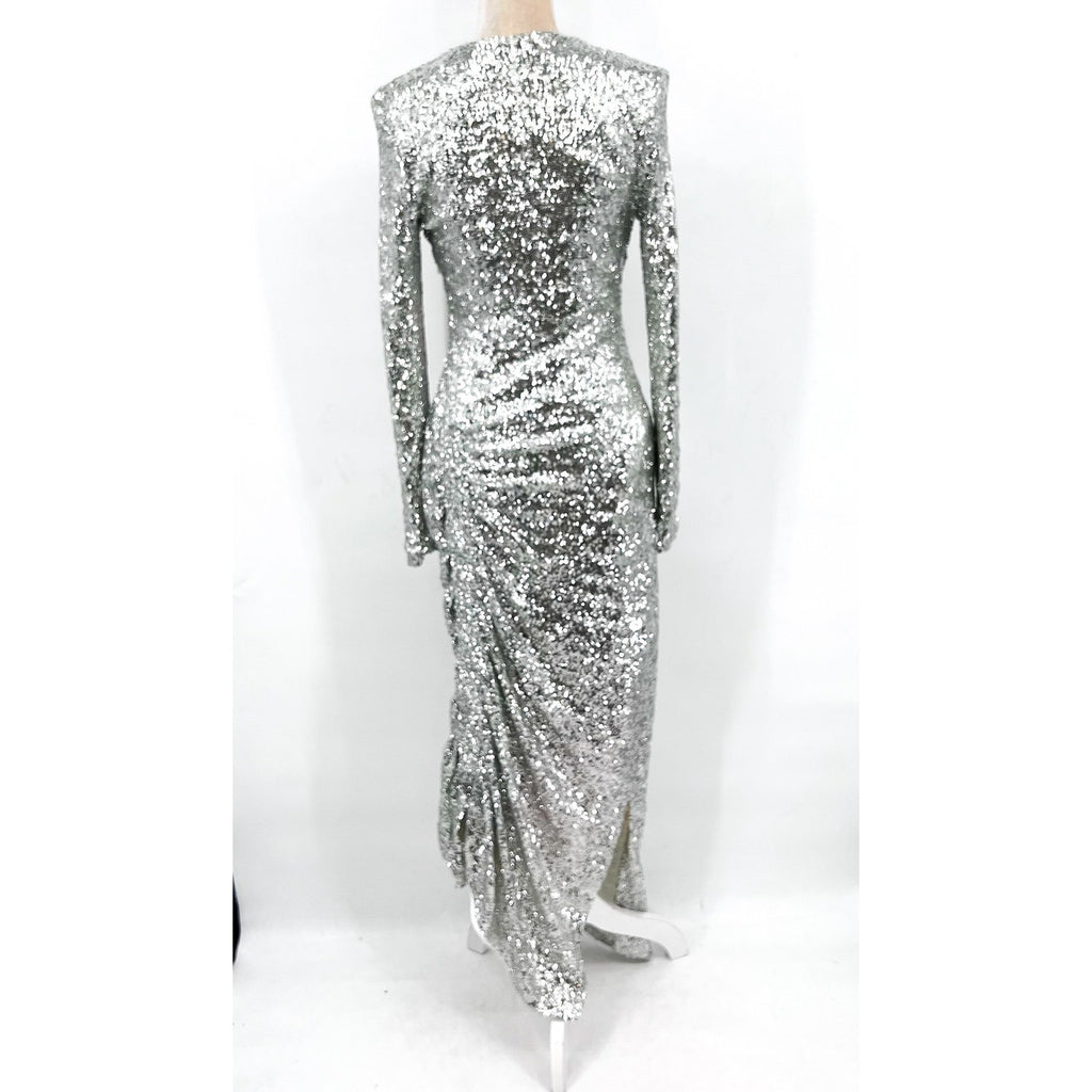PREEN BY THORNTON BREGAZZI Welda Sequin Dress Medium Silver Long Sleeve NWOT