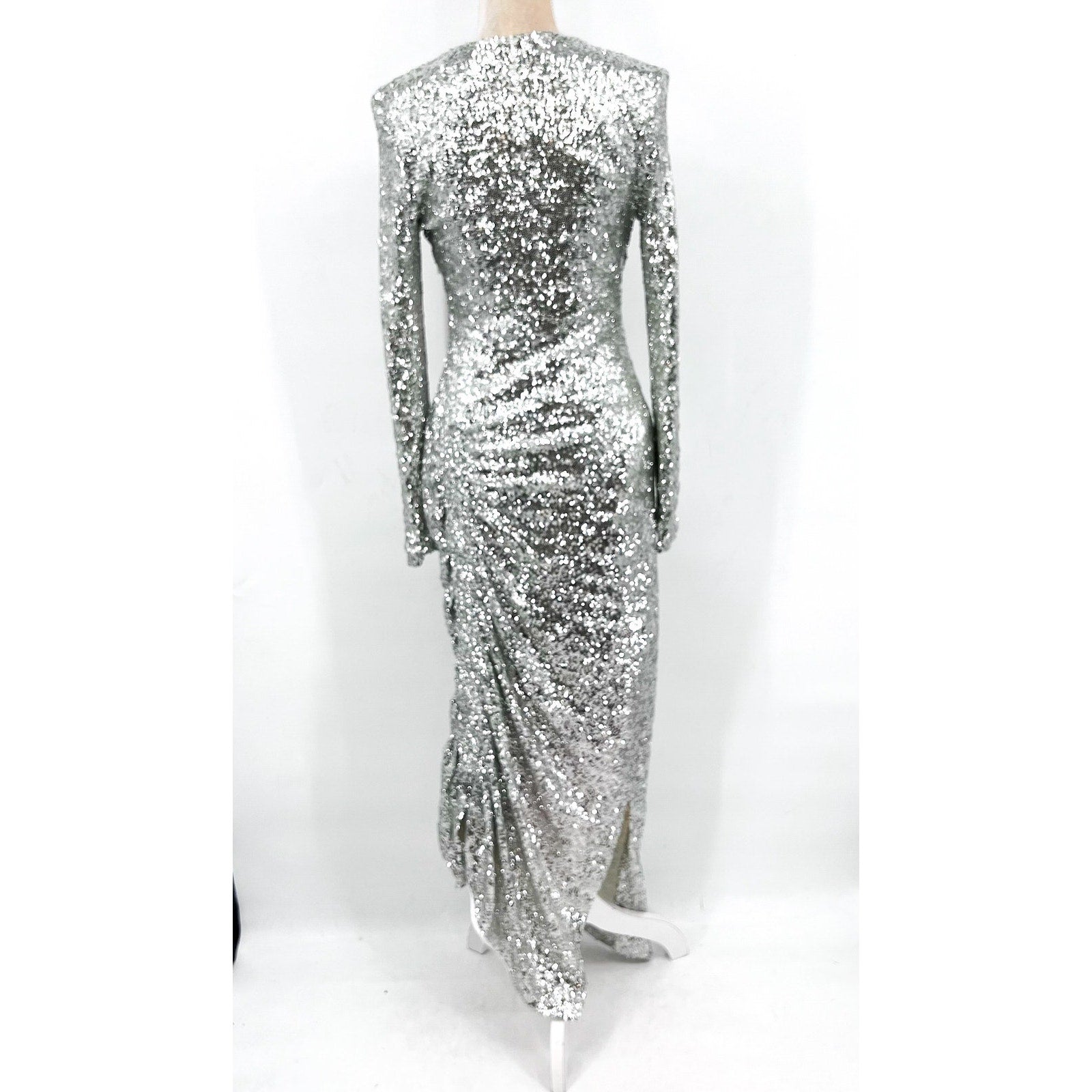PREEN BY THORNTON BREGAZZI Welda Sequin Dress Medium Silver Long Sleeve NWOT