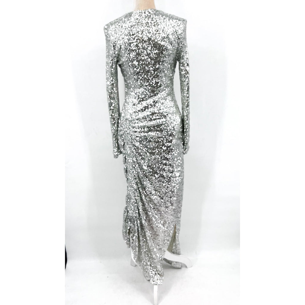 PREEN BY THORNTON BREGAZZI Welda Sequin Dress Medium Silver Long Sleeve NWOT