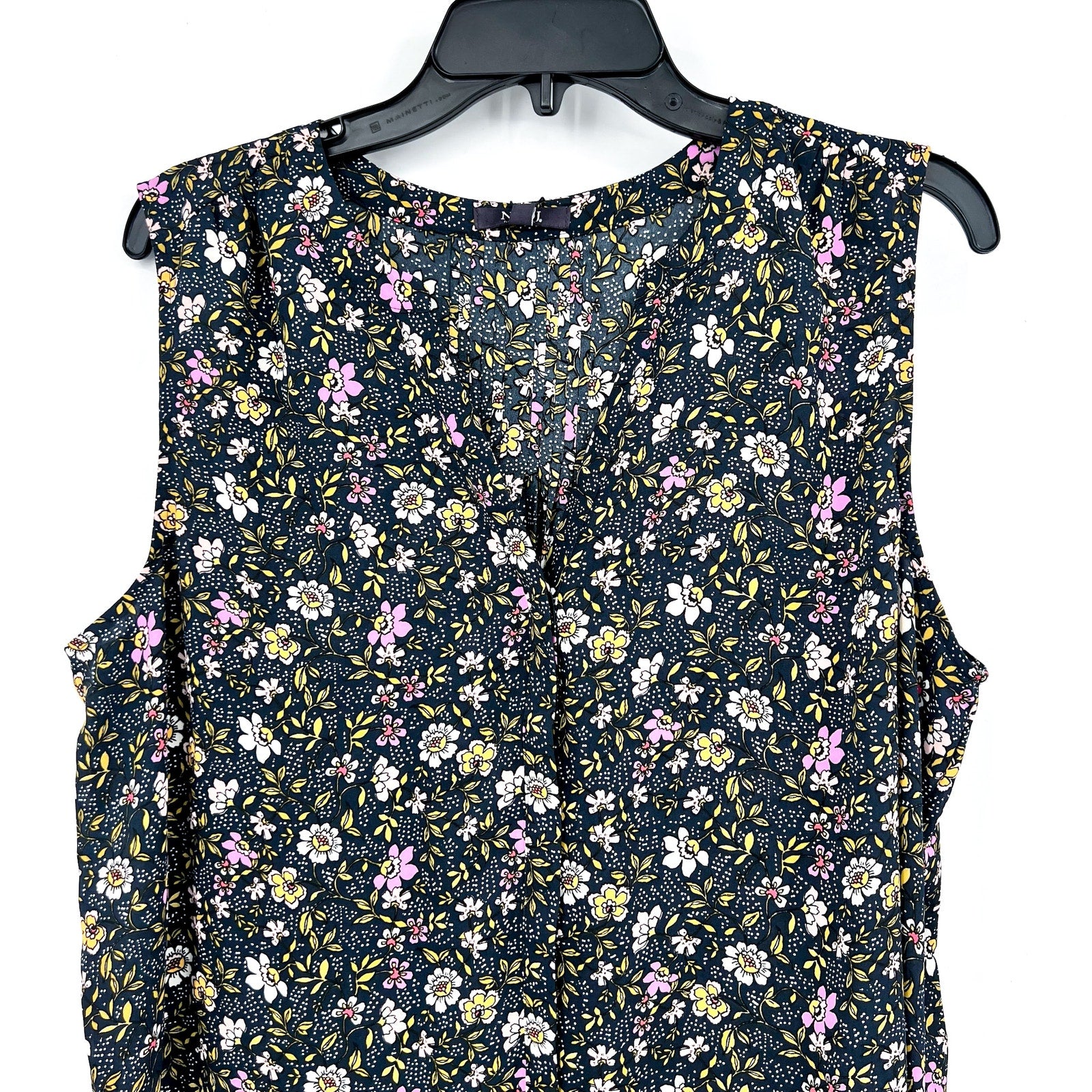 NYDJ Womens Sleeveless Blouse Top Large Marisol Blue Floral Print Split Neck NWT