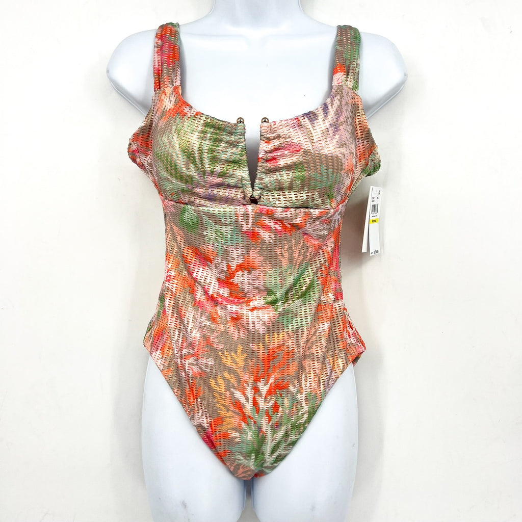 BECCA Coral Reef Viviana One Piece Swimsuit Medium Pink Print V Wire Plunge NWT