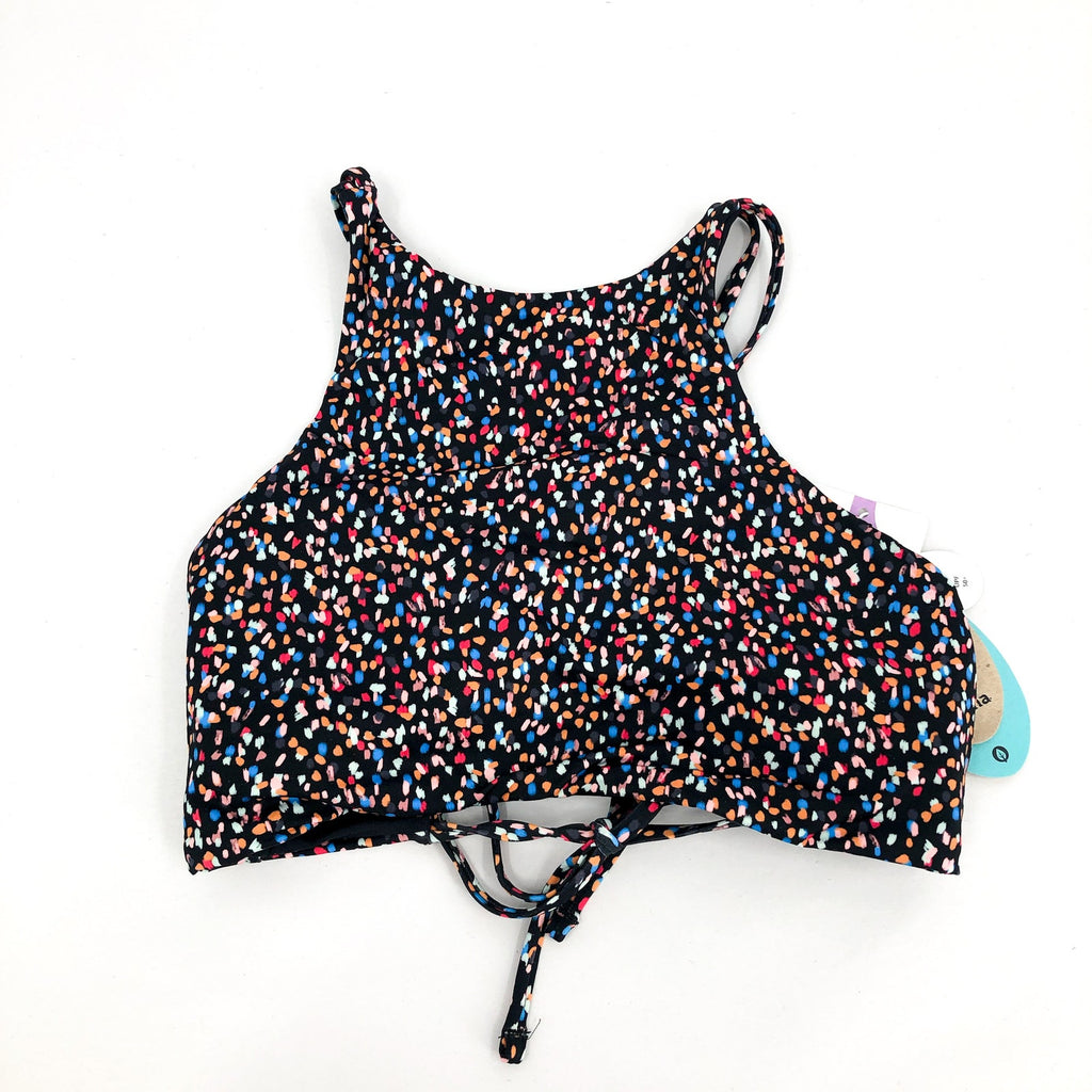 PRANA Women's Onyx Bay Bikini Top Small Black Alotta Dots High Neck NWT