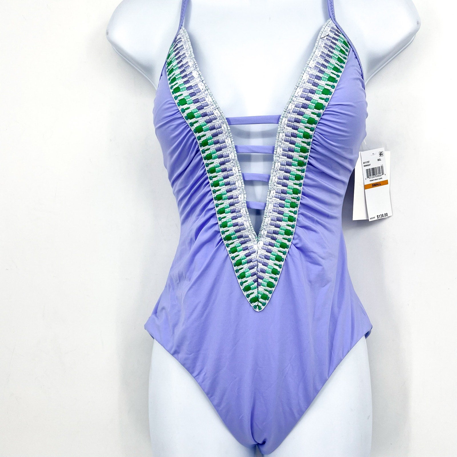 BECCA Women's Fiesta Clare Plunge One Piece Swimsuit Small Bellflower Purple NWT