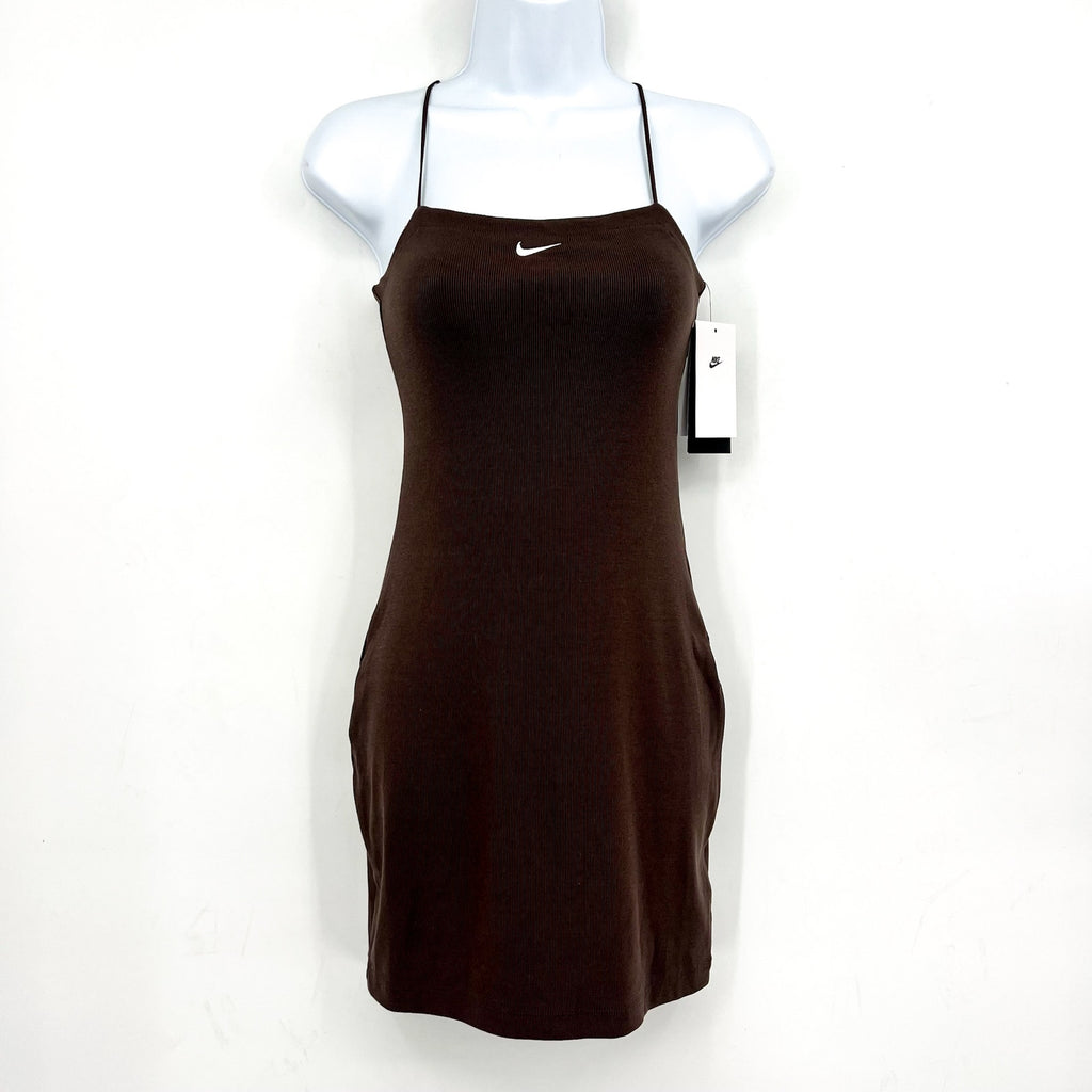 NIKE Women's Sportswear Chill Knit Mini Cami Dress XS Brown Ribbed NWT