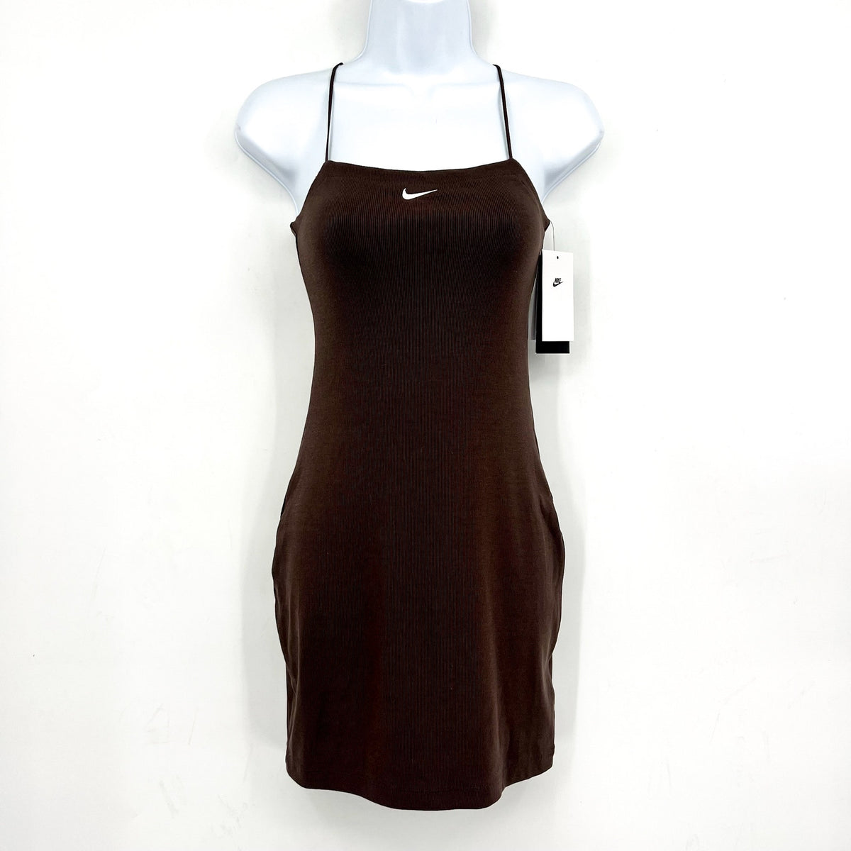 NIKE Women's Sportswear Chill Knit Mini Cami Dress XS Brown Ribbed NWT