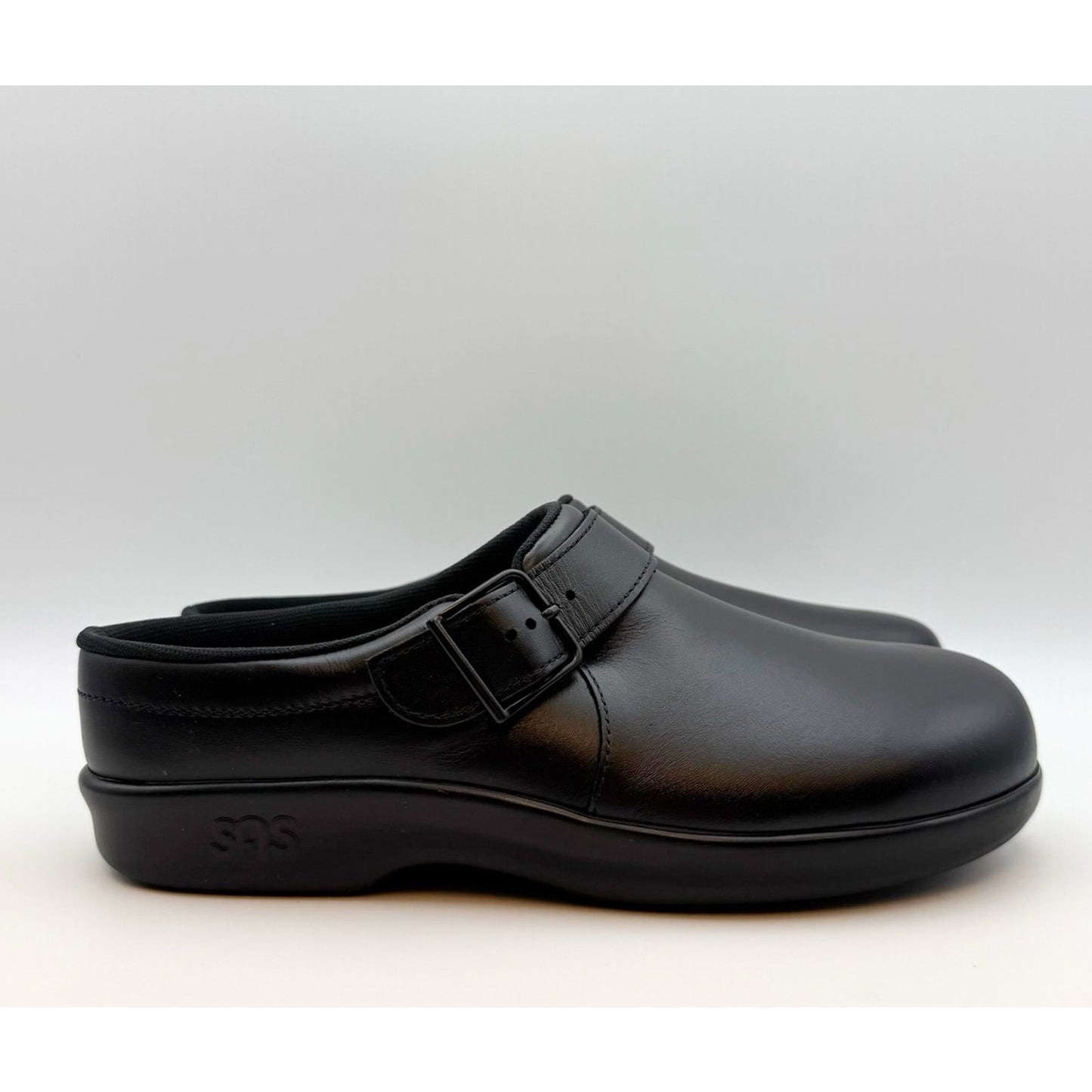 SAS Womens Comfort Clog US 10.5 M Black Leather Slip On Buckle Detail NIB