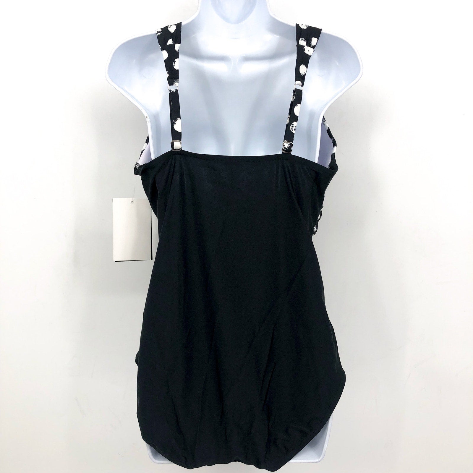 MAXINE OF HOLLYWOOD V-Neck Mio One Piece Swimsuit Size 14 Black White Dot NWT