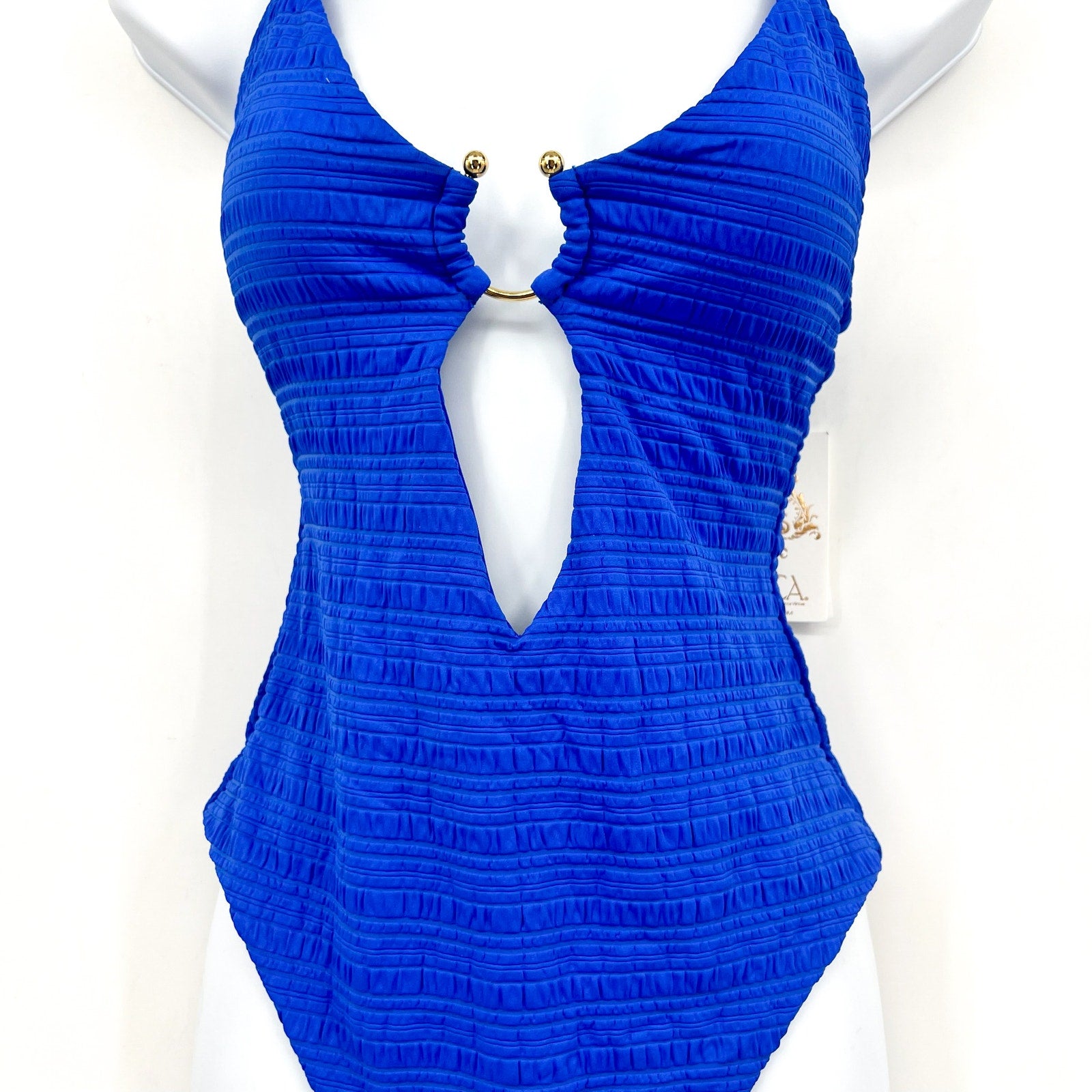 BECCA Coast Ariyah Plunge One Piece Swimsuit Medium Ultramarine Blue Ribbed NWT