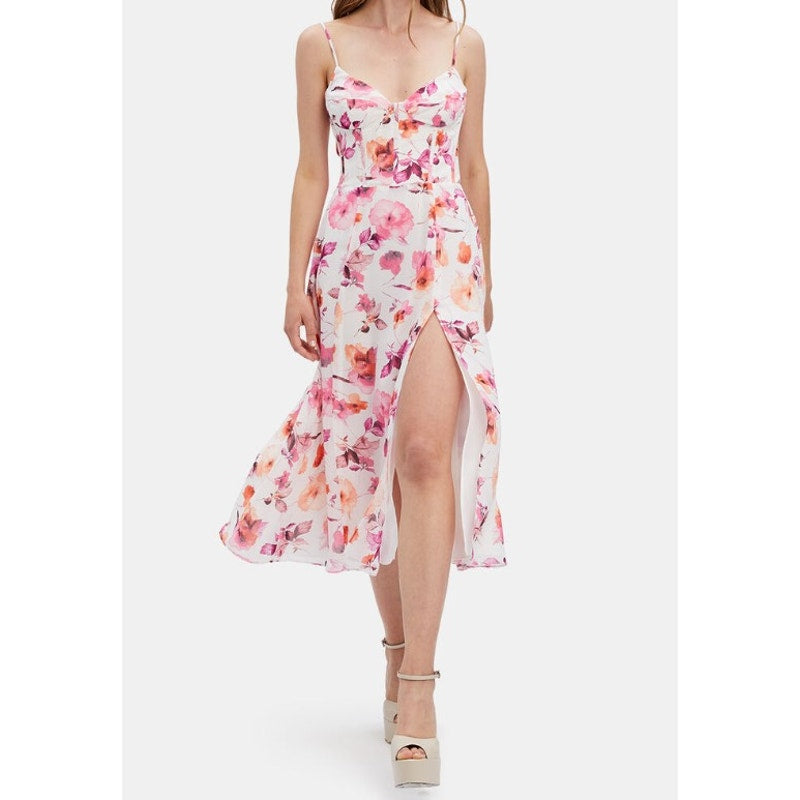 BARDOT Women's Zeta Midi Dress XS US 2 White Pink Floral Chiffon NWT