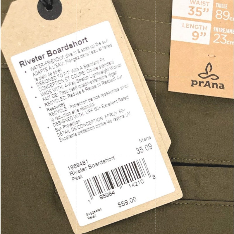 PRANA Men's Riveter Board Shorts Size 35 Large Peat Green 9" Inseam UPF 50+ NWT